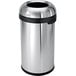 A simplehuman stainless steel bullet open top round trash can with a black lid.