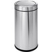 A simplehuman stainless steel round swing top trash can.