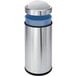 A silver stainless steel simplehuman trash can with a blue lid.