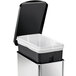 A black and silver simplehuman stainless steel rectangular trash can with a plastic lid.