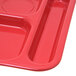 A red Carlisle melamine tray with 6 compartments.