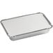 A rectangular silver Choice shallow oblong foil container with a white board lid.