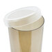 A clear plastic San Jamar wall mount water cup dispenser with a bronze lid.