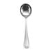 A silver spoon with a round bowl and a silver rim on a white background.