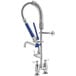 A Waterloo pre-rinse faucet with blue handles.