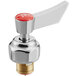 A Waterloo replacement ceramic faucet cartridge with a red and chrome valve and red hot handle.