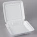 A white Dart foam hinged lid container.