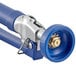 A blue and silver metal hand held hose with a nozzle.