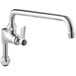 A silver faucet with a chrome finish and a black handle.