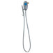 A grey hose with a blue button on a grey and white background.