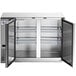 An Avantco stainless steel back bar refrigerator with two solid doors.