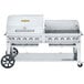 A stainless steel Crown Verity portable outdoor grill on a cart.
