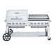 A large stainless steel Crown Verity mobile outdoor grill with two burners.