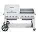A large stainless steel Crown Verity mobile outdoor grill on a cart.