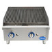 A Globe 24" gas charbroiler with two knobs on a counter.