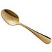An Acopa Vernon gold stainless steel demitasse spoon with a long handle.
