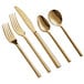 Acopa Phoenix gold flatware set with a gold spoon, fork, and knife.