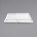 A white rectangular porcelain plate with three compartments.