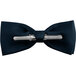 A close up of a navy clip-on bow tie with a metal bar.