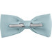 A close-up of a light blue Henry Segal clip-on bow tie with silver metal clips.