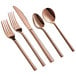 A set of Acopa Phoenix rose gold stainless steel flatware with a spoon, fork, and knife.