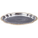 A silver metal Vollrath oval catering tray with gold trim.