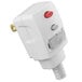 A white wall mounted hair dryer with a red switch.
