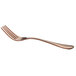 A close up of an Acopa Vernon rose gold stainless steel dinner fork.