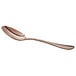 An Acopa Vernon rose gold stainless steel oval bowl spoon with a close-up of the rose gold handle.