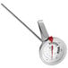 A Choice deep fry and candy thermometer with a long metal stick and red temperature gauge.