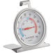 A stainless steel AvaTemp refrigerator/freezer thermometer with a red and blue dial.