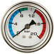 A white pressure gauge with black numbers and a black arrow on a white circle.