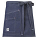A blue denim Mercer Culinary waist apron with pockets and ties.