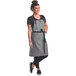 A woman wearing a Mercer Culinary gray chambray bib apron with black webbing.