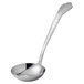 A Vollrath stainless steel ladle with a long handle and a scroll design.