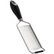 A Mercer Culinary stainless steel grater with a black Santoprene handle.