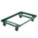 A green metal dolly for a Chicago Metallic sheet pan with wheels.