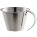 A silver stainless steel Linden Sweden measuring cup with a handle.