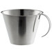 A silver stainless steel measuring cup with a handle.