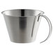 A silver metal Linden Sweden stainless steel measuring cup with a handle.