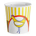 A white paper chicken bucket with yellow and red design on the label and a yellow chicken on the lid.