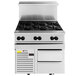 A Wolf stainless steel commercial gas range with 6 burners and 2 refrigerated drawers.