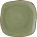 A Tuxton TuxTrendz square china plate with a green swirl pattern and brown speckles.