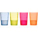 A group of Fineline Quenchers mixed neon plastic shooter glasses with different colors.