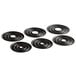 A group of black Fox Run non-stick circular cake pans with white centers.