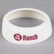A white plastic Tablecraft salad dressing dispenser collar with maroon text reading "Fat Free Ranch" 