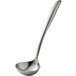 A close-up of a Tablecraft Dalton stainless steel soup ladle with a long handle.