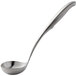 A Tablecraft Dalton stainless steel soup ladle with a long handle and silver bowl.