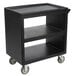 A black plastic Cambro utility cart with three shelves on wheels.