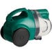A green and black Bissell Commercial bagless canister vacuum with black wheels.